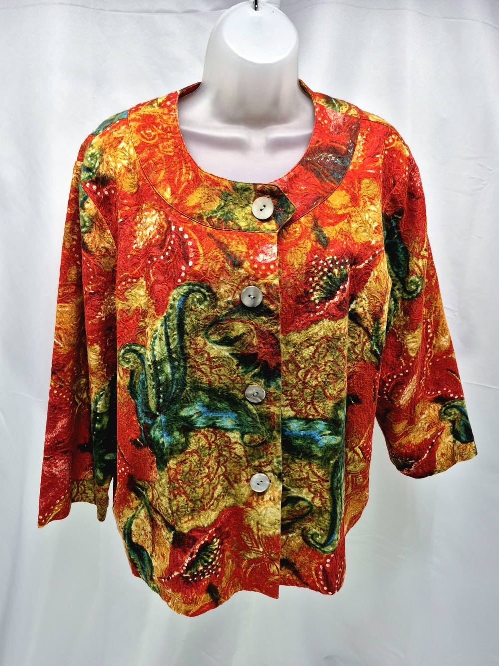 VTG Chico's Abstract Floral Button Jacket Red Gold Size 3/16 NWOT Boho Chic 90s